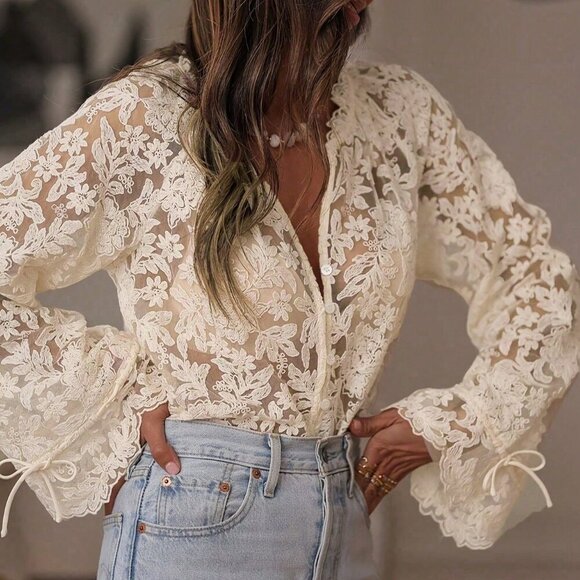 Apricot Casual Women's Elegant  Lace Sheer long sleeve Blouse - Picture 1 of 9